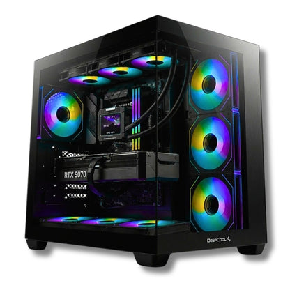 Vista interna del PC ZENDIA Sombrero: scheda video RTX 5070 12GB e processore Ryzen 7 9800X3D con raffreddamento liquido e illuminazione RGB.