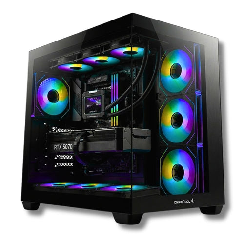 PC Gaming Zendia - Vista interna del PC ZENDIA Sombrero: scheda video RTX 5070 12GB e processore Ryzen 7 9800X3D con raffreddamento liquido e illuminazione RGB.