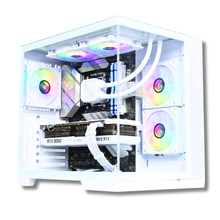 PC Gaming Zendia Vesta con case bianco e pannello in vetro temperato, dotato di processore AMD Ryzen 5 8600G, scheda video Nvidia RTX 3050 da 8 GB e dissipatore a liquido da 240 mm con illuminazione LED