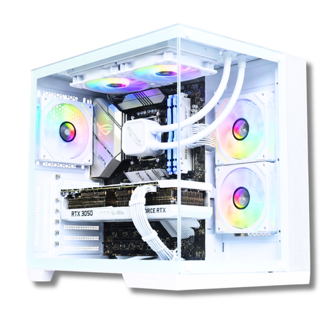 PC Gaming Zendia Vesta con case bianco e pannello in vetro temperato, dotato di processore AMD Ryzen 5 8600G, scheda video Nvidia RTX 3050 da 8 GB e dissipatore a liquido da 240 mm con illuminazione LED