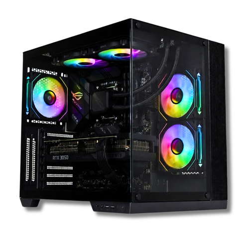 Computer desktop da gioco Zendia Vesta in versione nera, configurazione da gaming con grafica Nvidia RTX 3050, processore Ryzen 5, sistema di raffreddamento a liquido da 240 mm e illuminazione personalizzabile