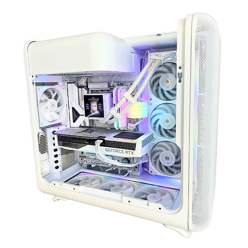 PC Gaming Zendia - Foto reale del PC Gaming Zendia Zenith visto di fianco con pannello trasparente. Configurazione con processore AMD Ryzen 7 9800X3D, scheda video Nvidia RTX 5070 Ti da 16 GB, dissipatore a liquido da 360 mm e memorie RAM DDR5 illuminate.